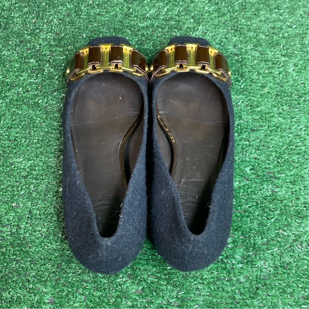 Tory Burch Black Flannel‎ “Martha” Flats Chain Link Womens Size 6 M